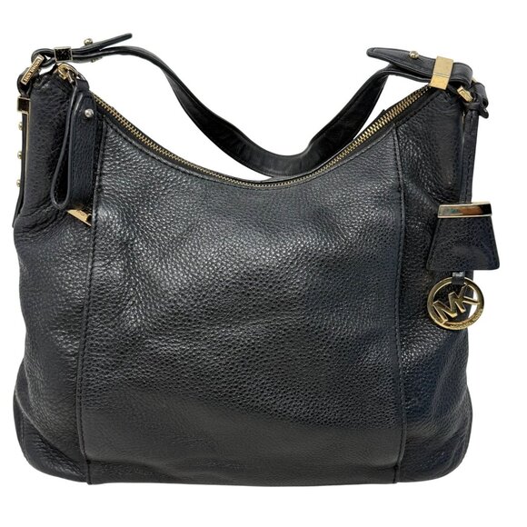 Michael Kors Bowery Black Pebbled Leather Hobo Bag Front Vertical Zip Pockets - Picture 1 of 14
